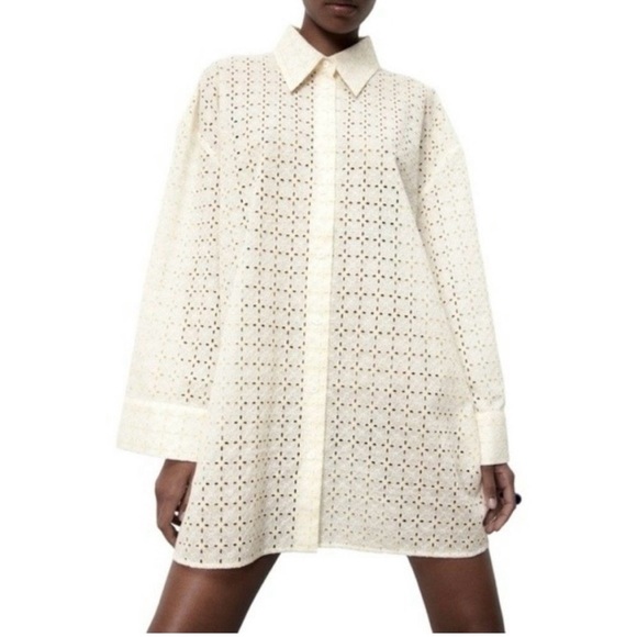 Zara Tops - Zara Cream Eyelet Button-Up Tunic Shirt NWT